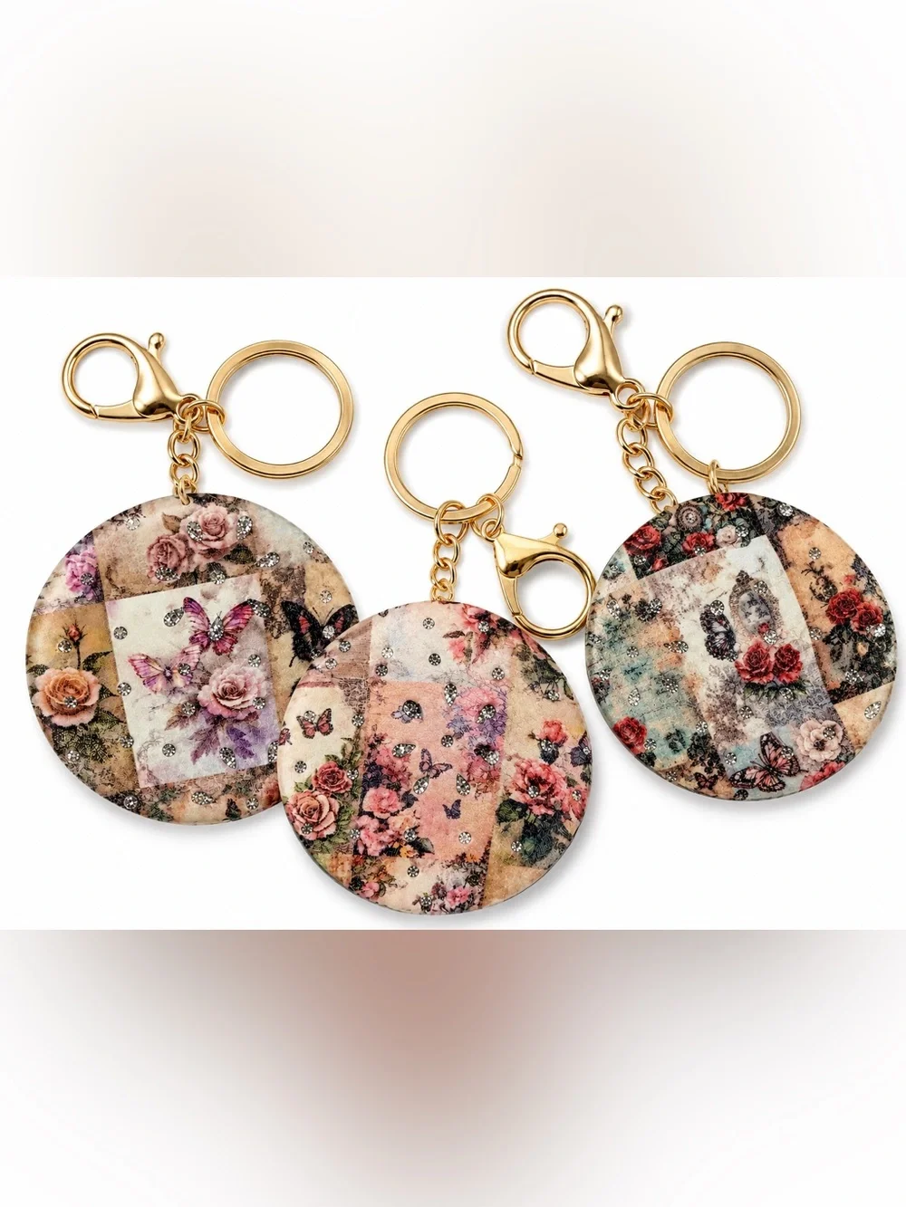 Floral Butterfly Rhinestone Compact Mirror Keychain Gold Tone